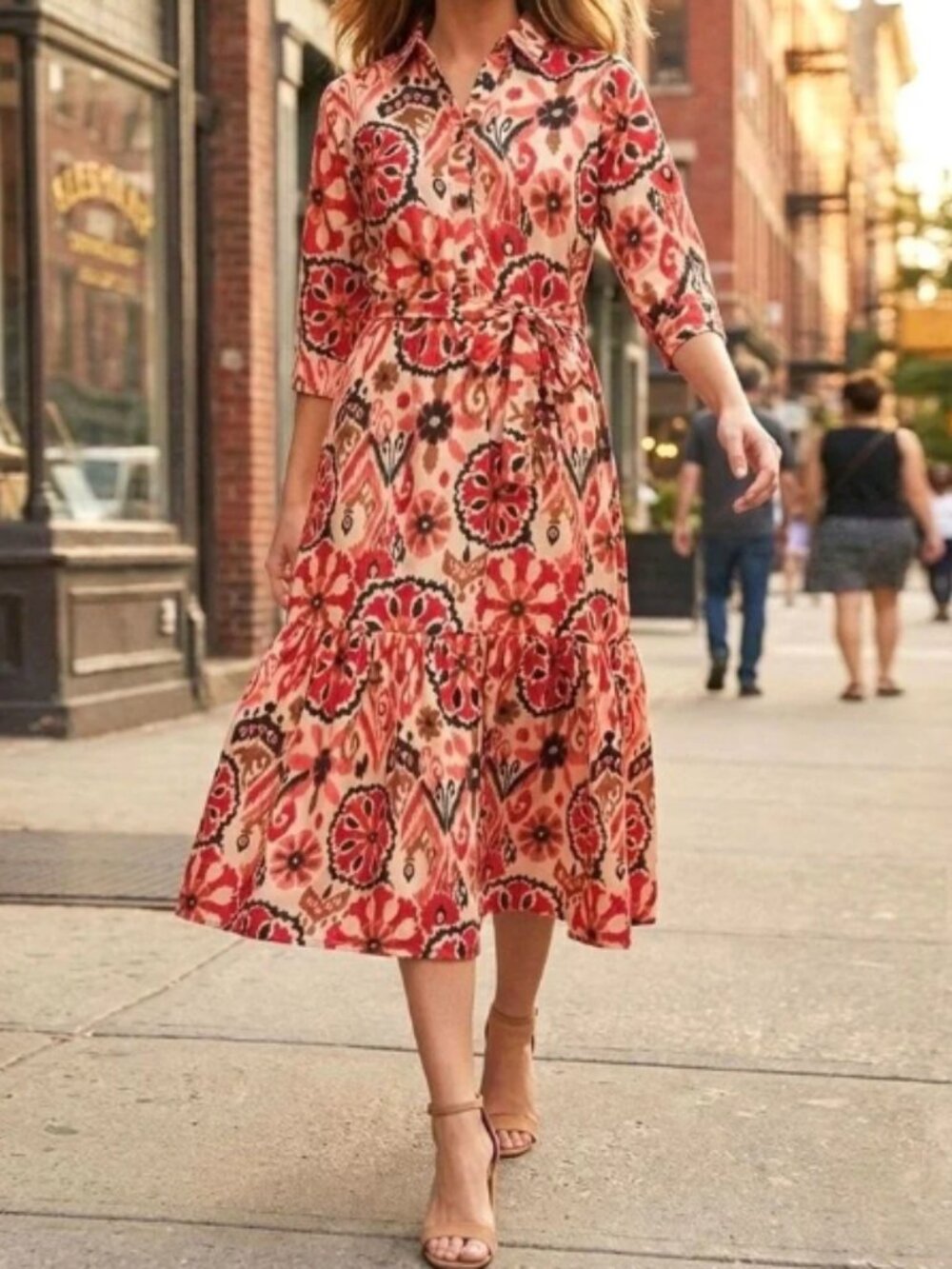 Zara Ikat Floral Medallion Boho Midi Shirt Dress, Half-Sleeve - Womens Medium